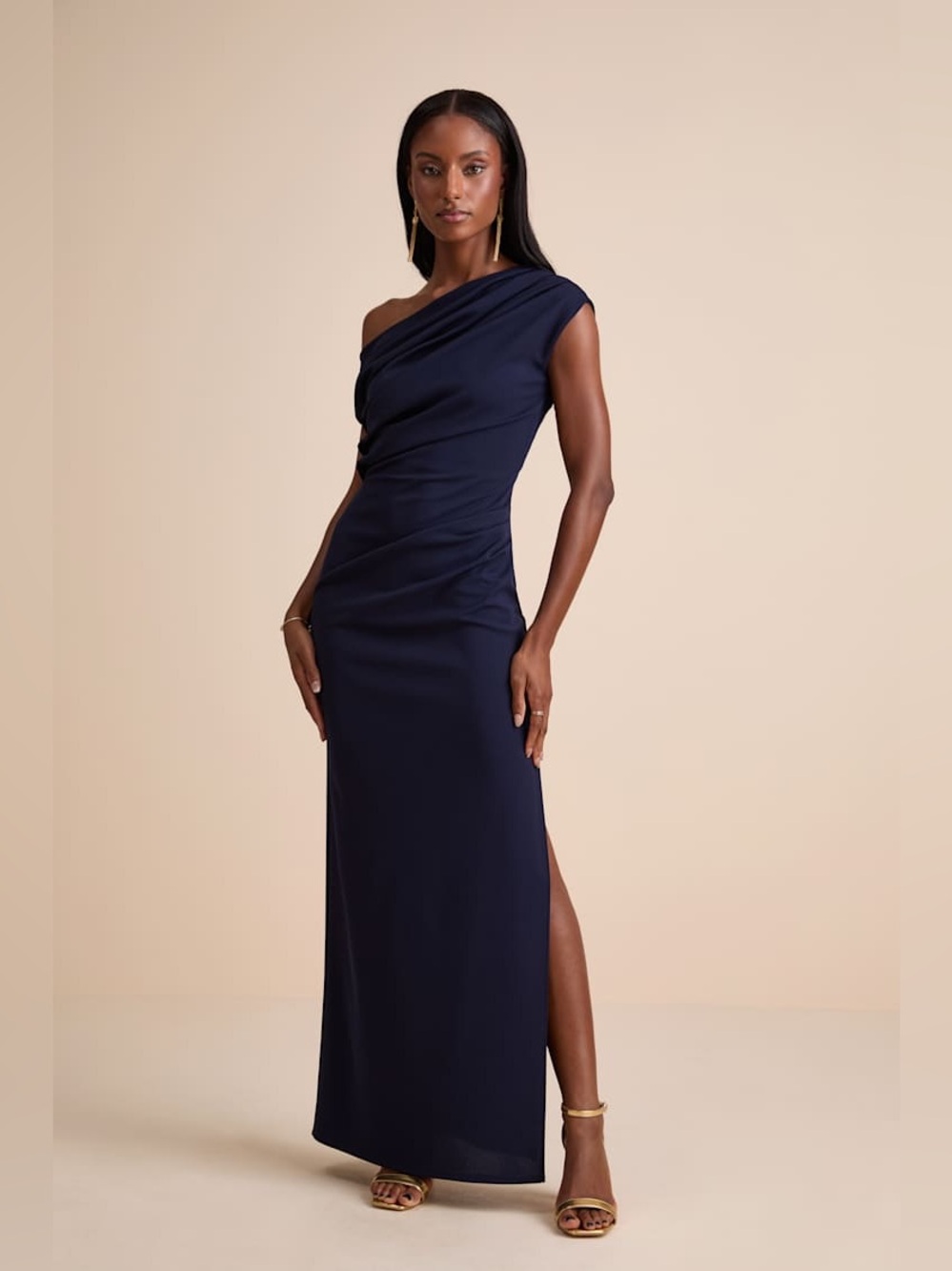 LULUS Janine Navy Asymmetrical Maxi Dress